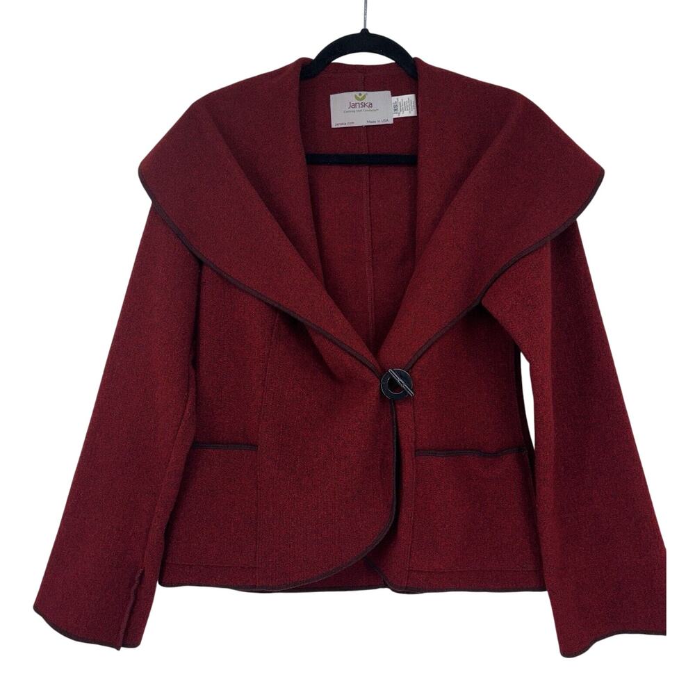 Janska Women's Blazer Jacket X-Small Burgundy Toggle Horn Shawl Neck Fleece Cozy